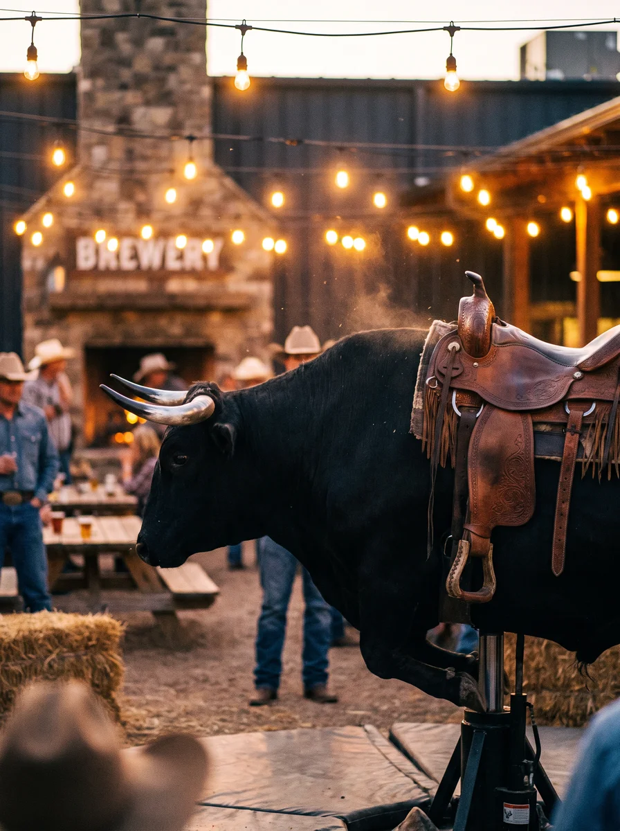 El Bárbaro — matte black mechanical bull set up in a brewery courtyard