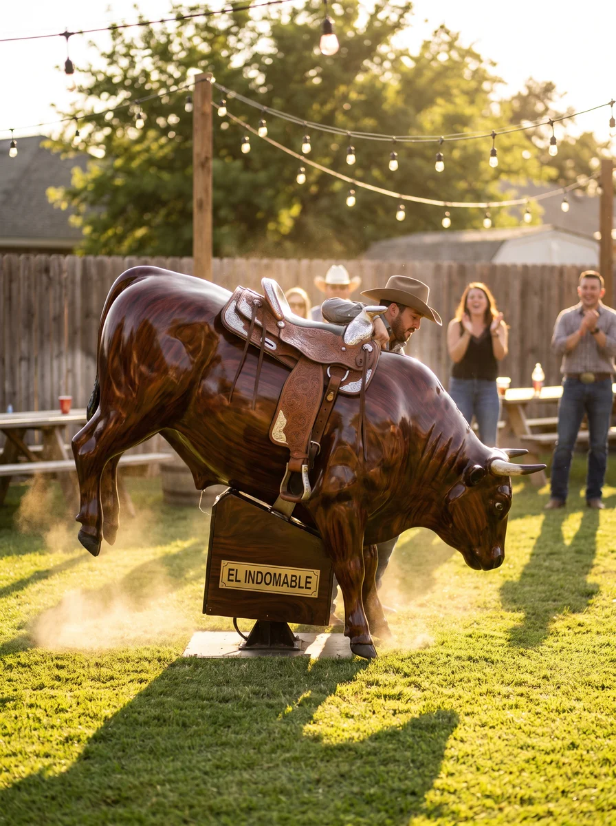 El Indomable — mahogany mechanical bull at a festive backyard party