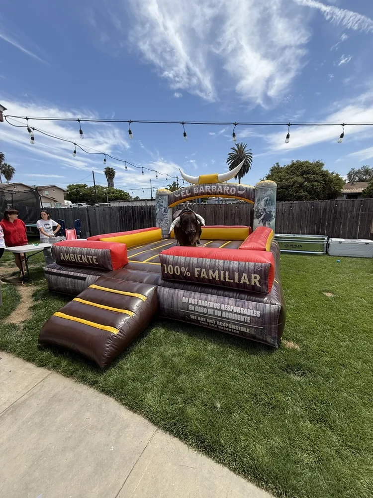 A Marcito bull set up at a backyard party with guests and string lights